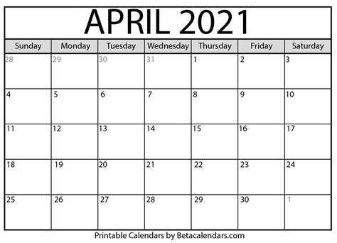 Blank April 2021 Calendar Printable Calendar June 2021