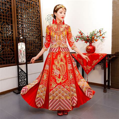 Oriental Asian Bride Beauty Chinese Traditional Wedding Dress Women Red Floral Long Sleeve