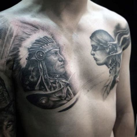 Fantastic Black And White Old Indian Chief Tattoo On Chest Combined