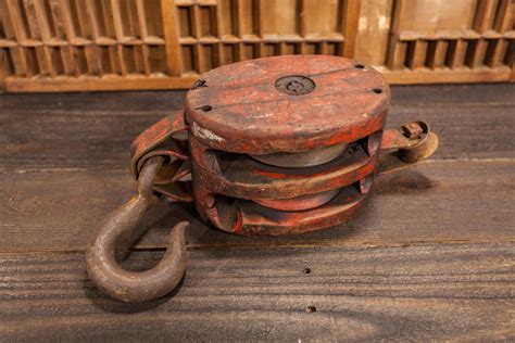Vintage Large Double Wooden Red Pulley Rustic Primitive Barn Pulley