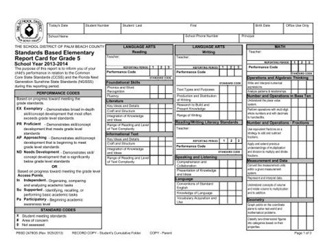 Standards Based Elementary Report Card For Grade 5 The School