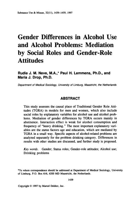 Pdf Gender Differences In Alcohol Use And Alcohol Problems Mediation