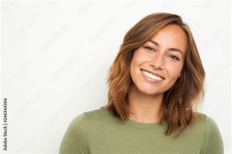 Portrait Of A Young Happy Woman Smiling On White Background Stock Foto Adobe Stock