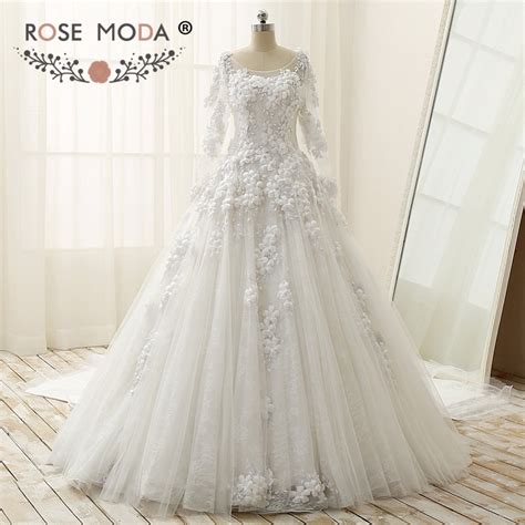 Rose Moda Luxury Long Sleeves Ball Gown With Royal Train Vintage Lace