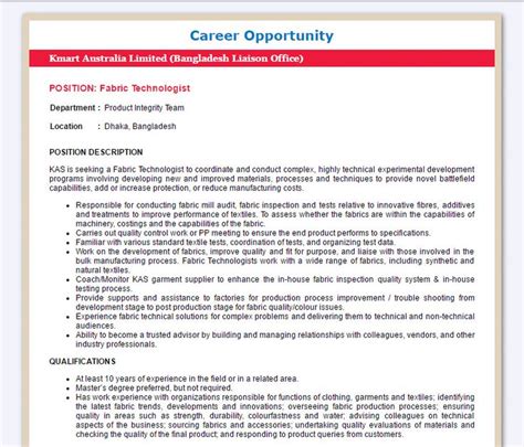 Kmart Australia Limited Post Fabric Technologist Jobs Opportunity