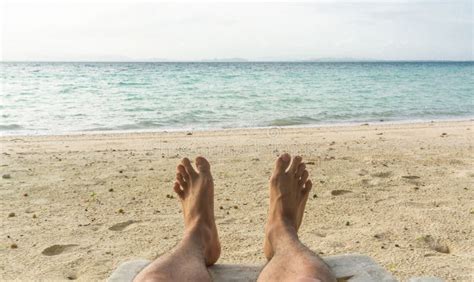 Pov Men Legs On Sand Beach And Sky Stock Image Image Of Beach Male
