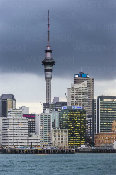New Zealand Auckland Skyline And Sky Tower Stock Photo