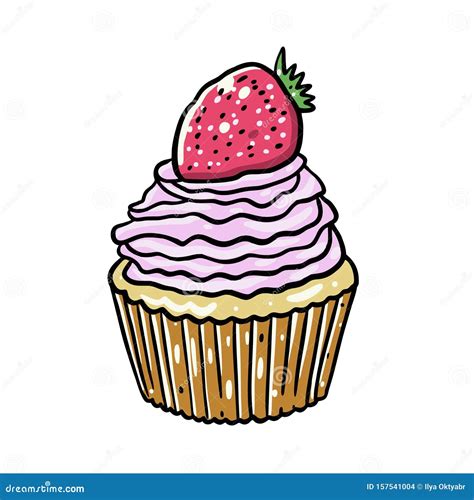 Strawberry Cupcake Hand Drawn Vector Illustration Isolated On White
