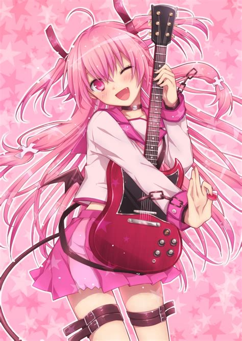Angel Beats Guitar Instrument Long Hair Pink Eyes Pink Hair Yui Angel