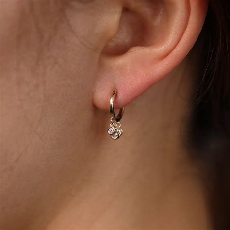 Huggie Hoop Earrings With Three Diamond Dangle Charms 14K Gold 11mm