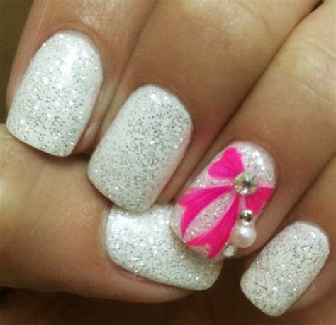 Pink Bow Rhinestones White Glitter Nails Favnails