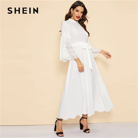 Shein White Stand Collar Scallop Edge Laser Cut Belted Plain Dress Women Casual 2019 Summer