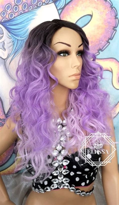 Long Ombre Black And Purple Lavender Color Wig Wigs Big Volume