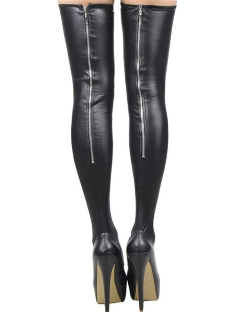 new fashion sexy black leather stockings erotic zipper women thigh high stockings lady trendy
