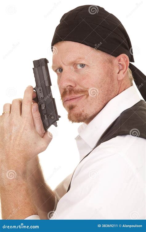 Man Bandana On Head Gun Close Look Smirk Stock Image Image Of Agent