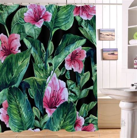 Tropical Palm Leaves Floral Flamingo Shower Curtain And 12 Hooks