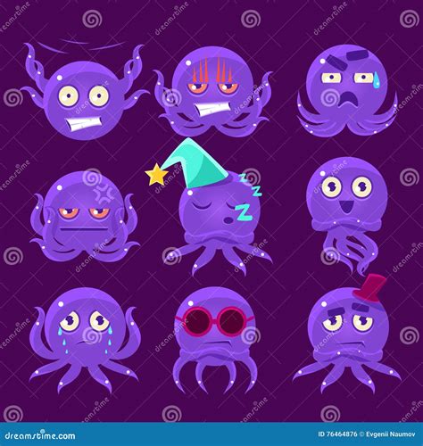 Lustiger Kraken Charakter Emoji Satz Vektor Abbildung Illustration