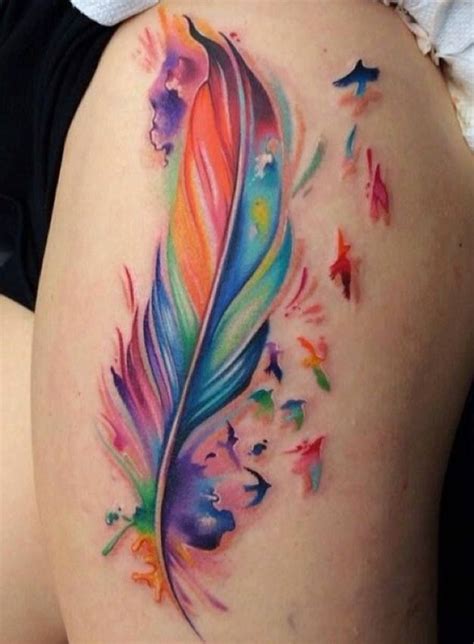 Colorful Watercolor Feather Tattoos On Side Thigh Tatuajes De