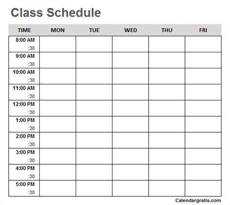 Printable Class Schedule Template For School And College Students
