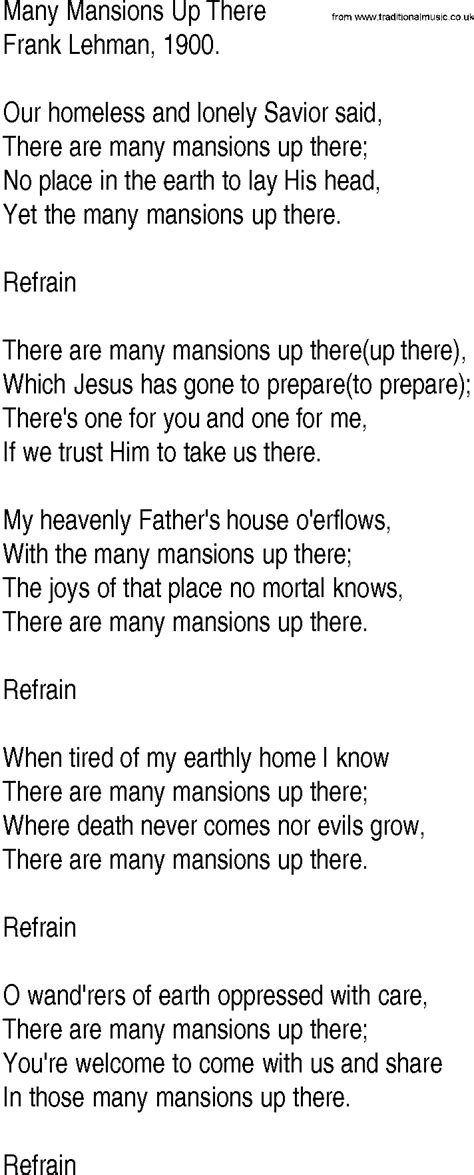 Hymn And Gospel Song Lyrics For Many Mansions Up There By Frank Lehman