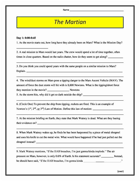 50 The Martian Movie Worksheet