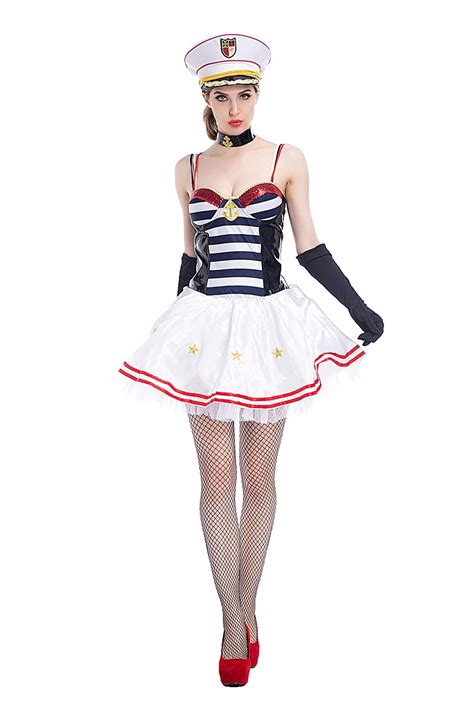 Adult Women Sexy Sailor Costume Strap Short Tulle Dress Fancy Party Striped Flared Sleeveless