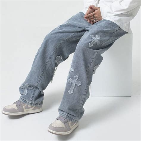Y2K Christian Cross Design Men Jeans Unisex Baggy Embroidered Etsy