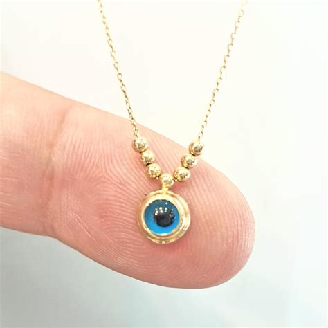 14k Real Solid Gold Lucky Evil Eye With Three Balls Blue Eyes Tiny