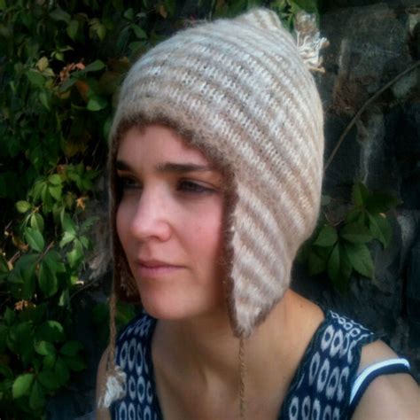 Alpaca Ear Flap Hat Fair Trade Hand Knit Beige Chilean Alpaca Wool