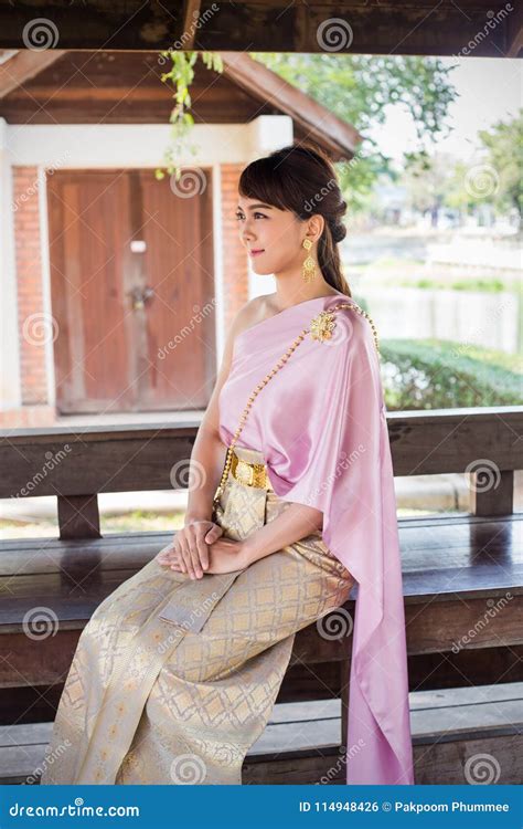 Women Sit Wearing Traditional Cloth Thailand Or Thai Dress Stock Photo
