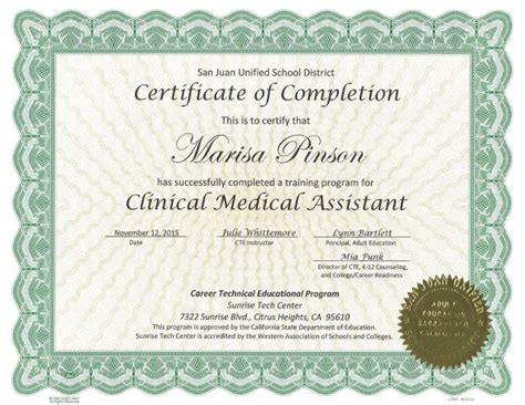 Marisa A Pinson Clinical Medical Assistant Certificate Of Completion