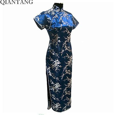 navy blue vintage chinese women s satin long cheongsam qipao evening dress flower plus size s m