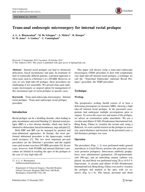Pdf Trans Anal Endoscopic Microsurgery For Internal Rectal Prolapse