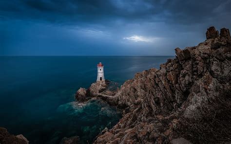 Stone Lighthouse Evening Sunset Rocks Seascape Lighthouse Building