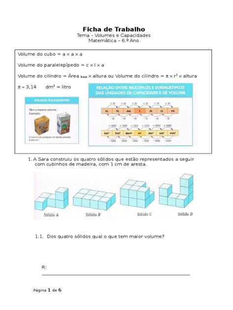 Ficha Trabalho Volumes E Capacidades 6ºano Pi Matemática