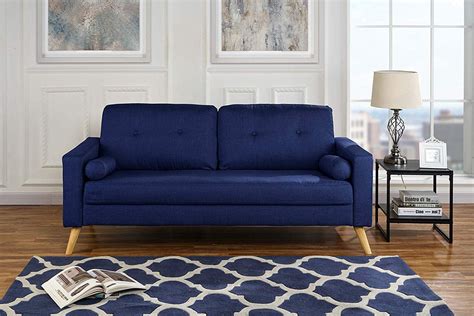 Modern Living Room Fabric Sofa Couch With Tufted Buttons Dark Blue