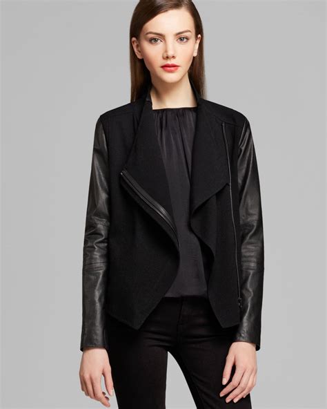 Vince Jacket Leather Sleeve Asymmetric In Black Lyst