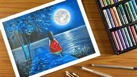 How To Draw Moonlight Scenery Beautiful Moonlight Landscape Oil