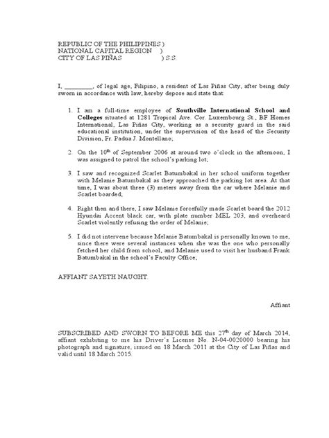 Sworn Statement Sample Document Civil Law Common Law