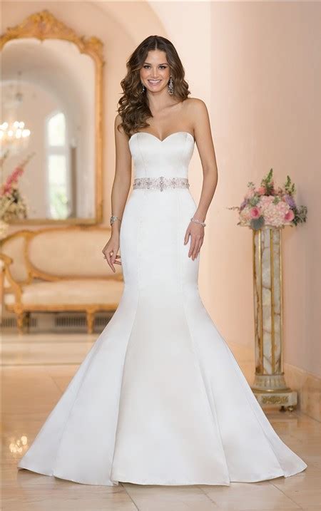 Explore a wide selection of fit and flare wedding dresses with a variety of neckline and waistline styles at justin alexander signature. Fit And Flare Strapless Satin Wedding Dress With Crystals Sash Buttons