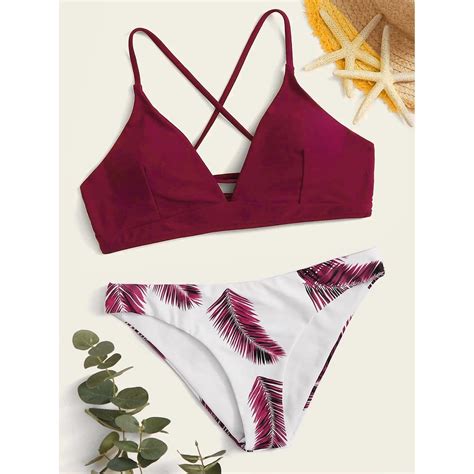 women leaf random print bikini swimming set push up swimsuit beachwear padded two piece swimwear