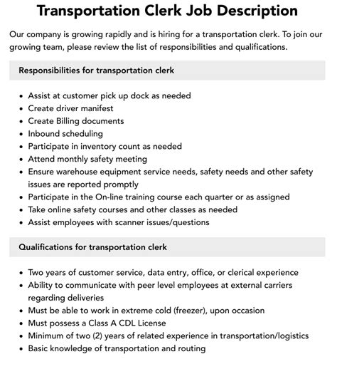 Transportation Clerk Job Description Velvet Jobs