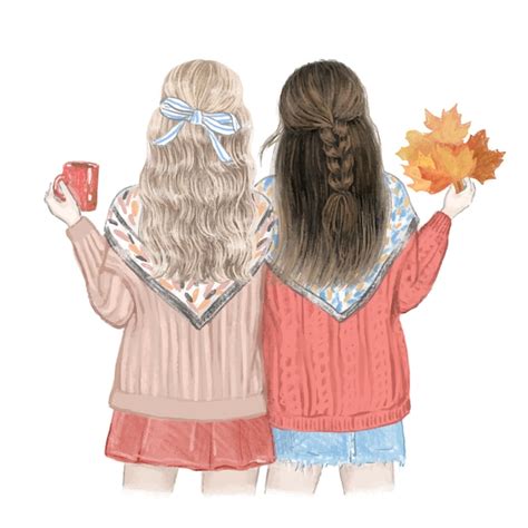 Two Girls Best Friends In The Fall Hand Drawn Illustration Premium