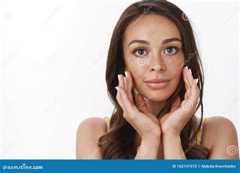 Headshot Attractive Feminine Brunette With Tanned Skin Freckles Enjoy