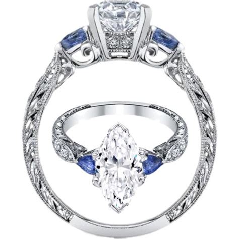 Stay away from small or narrow rings, slim bands and minimalist designs, which will draw too much contrast to the size of the hand. Marquise diamond Engagement Ring Blue Sapphire Pear side stones Hand engraved White | Pinterest ...