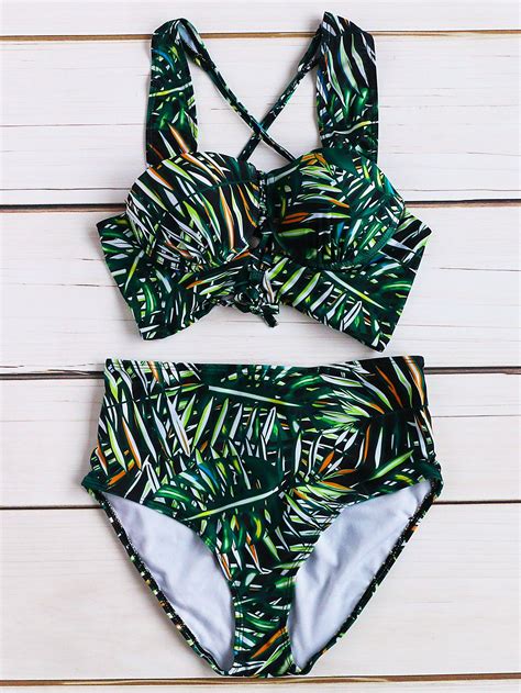 Shop Green Tropical Print Bustier Cross Back Bikini Set Online Shein