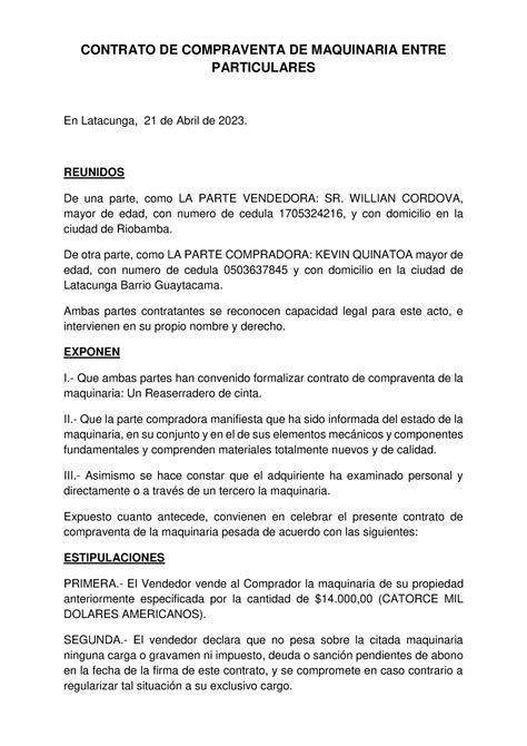 Contrato De Compraventa De Maquinaria Entre Particulares Contrato De