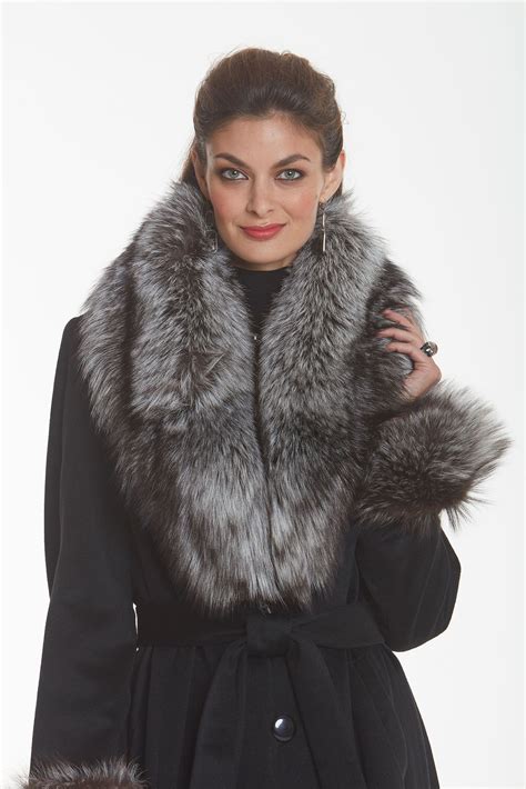 Black Cashmere Coat Silver Fox Collar And Cuffs Plus Sizefur Content Natural Silver Fox Fur