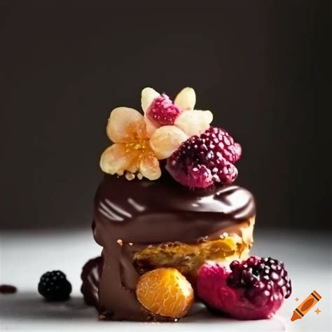 Triple Chocolate Eclair Petit Fours With Spun Sugar Orange Blossoms And Blackberry Compote On