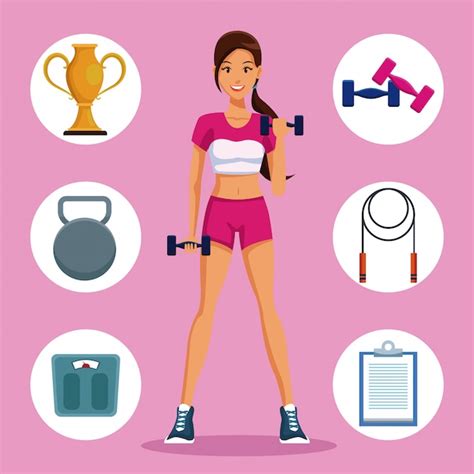 Premium Vector Fitness Woman With Sport Round Symbols